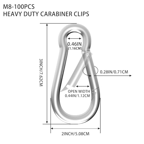 Heavy Duty Spring Snap Hook Carabiners, Galvanized Steel Quick Links, Spring Clips in Black & Silver, Multiple Sizes: 1.6Inch/2Inch/2.4Inch/3Inch/4Inch, for Swing Hammock Camping Keychain Outdoor - size: M8-100PCS, style: Silver