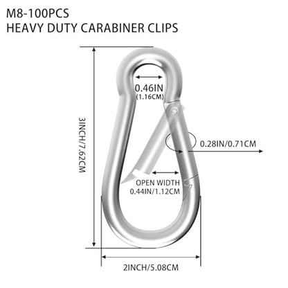Heavy Duty Spring Snap Hook Carabiners, Galvanized Steel Quick Links, Spring Clips in Black & Silver, Multiple Sizes: 1.6Inch/2Inch/2.4Inch/3Inch/4Inch, for Swing Hammock Camping Keychain Outdoor - size: M8-100PCS, style: Silver