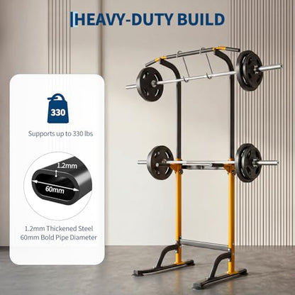 Power Tower Home Gym Strength Training Station Adjustable 10 Height Levels, Heavy-Duty Chin-Up Tower with Parallel Dip Handles, Bodyweight Workout Equipment for Pull-Ups, Dips, Knee Raises, Push-Ups, 330 Lb Capacity - color: Yellow