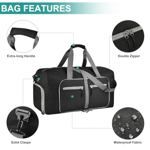 Dimayar 40L Foldable Duffle Bag, Travel & Weekender, Overnight, Gym | Lightweight, Carry-on, Packable, Waterproof & Tear Resistant, Travel Duffel Bag with Shoes Compartment for Men Women - color: Black, size: 40L