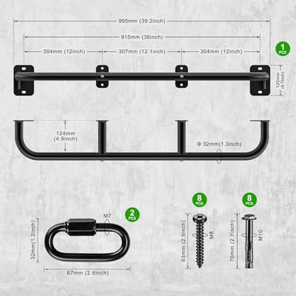 SELEWARE 32"/36" Wall Mount Pull Up Bar Joist Mount Chin Up Bar for Doorway | Heavy Duty Steel Construction Support 450 lb, w/Resistance Band Hooks, Fits 32"/36" Wall Studs for Home Gym Strength Training - size: A: 36" x 1.3" Dia Grip