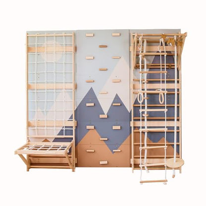 Wood And Hearts 8in1 Modular Swedish Wall Gym Set for Kids Indoor Active Play – Adjustable Pull-Up Bar, Rock Climbing Wall, Rope Accessories & Decorative Panels (Base Set+Rope Accessories+Sit-Up Bar) - style: Base Set + Rope Accessories + Sit-Up Bar
