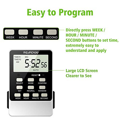 Outlet Timer, NEARPOW Dual Digital Light Timer with 2 Independently-controlled Outlets, 18 ON/OFF Programs, 24-Hour and 7-Day Programmable,Indoor Heavy Duty Electrical Timer Switch, 3 Prong, 15A/1800W | 18 ON/OFF Programs, 24-Hour Weekly Heavy Duty 15A/18
