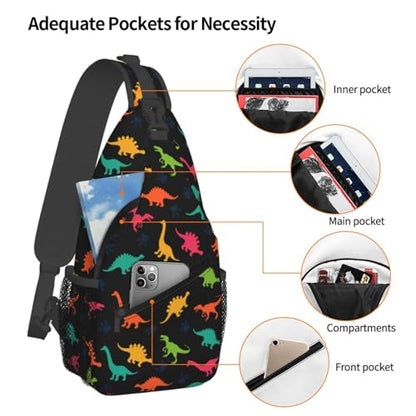 Cartoon Dinosaur Crossbody Sling Bags for Women Men Colorful Dinosaur Silhouettes Childish Pattern Travel Sling Backpack Casual Shoulder Bag Cute Animal Print Gym Sports Hiking Daypack - color: Green Yellow Red