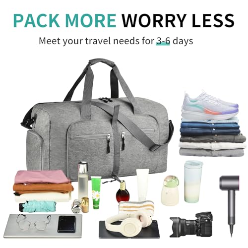 Dimayar 85L Foldable Duffle Bag, Travel & Weekender, Overnight, Gym | Lightweight, Carry-on, Packable, Waterproof & Tear Resistant, Travel Duffel Bag with Shoes Compartment for Men Women - color: Grey, size: 85L