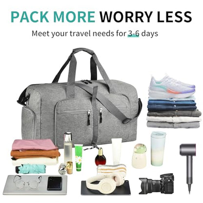 Dimayar 40L Foldable Duffle Bag, Travel & Weekender, Overnight, Gym | Lightweight, Carry-on, Packable, Waterproof & Tear Resistant, Travel Duffel Bag with Shoes Compartment for Men Women - color: Grey, size: 40L