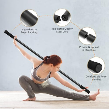 Krightlink Yoga Stick 5ft Adjustable Stretching Stick, Versatile Exercise Stick Non-Slip Ends and Sponge Handles for Fitness, Flexibility and Balance, Posture Correction - Black