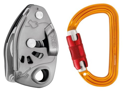 PETZL NEOX Rock Climbing Belay Device | With Cam-Assisted Blocking - color: Light Gray + Sm'D TWIST-LOCK