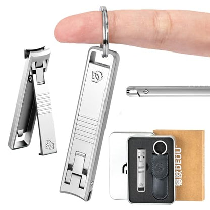 DEOU Folding Ultra-Thin Nail Clippers, Anti-Splash Mini Stainless Steel Manicure Tool, take with You When Traveling, own Nail File, Men's and Women's Gifts (Portable Nail Clippers + Leather case) - color: Portable Nail Clippers + Leather Case