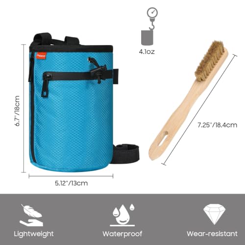 MoKo Climbing Chalk Bag with Chalk Brush, Waterproof Nylon Bouldering Chalk Bag Bucket with 2 Large Zippered Storage Pockets Drawstring Closure Adjustable Belt Chalk Bag for Climbing Gymnastics - color: Light Blue, style: Straight