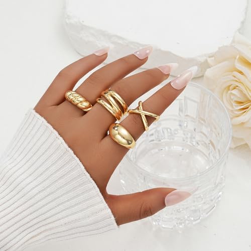 YEEZII Chunky Gold Rings for Women Non Tarnish, 18K Gold Plated Stackable Thumb Ring, Statement Women Rings Set - color: Gold