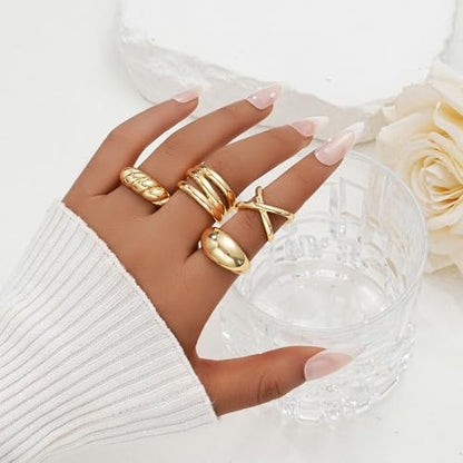 YEEZII Chunky Gold Rings for Women Non Tarnish, 18K Gold Plated Stackable Thumb Ring, Statement Women Rings Set - color: Gold