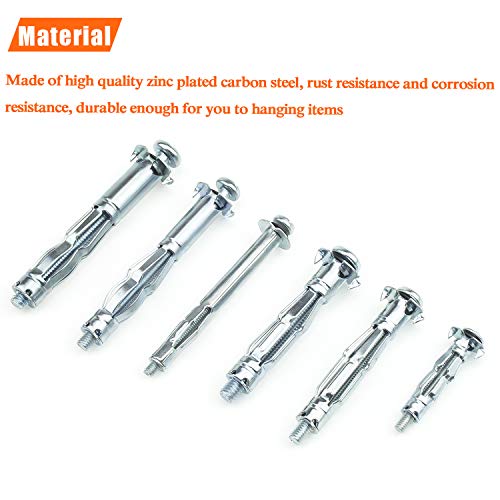 HELIFOUNER Hollow Wall Anchor Screws Set, 6 Sizes Heavy Duty Zinc Plated Steel Molly Bolt Hollow Drive Wall Anchor Screws Assortment Kit for Drywall, Plaster and Tile, 48 PCS