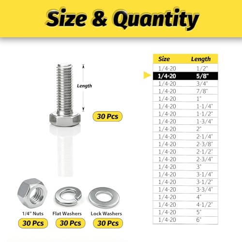 1/4-20 x 5/8" Hex Bolts & Nylon Lock Nuts,30 Sets (Total 120Pcs) 304 Stainless Steel SAE Bolts with Flat & Lock Washers Kit, Ideal for Vibration Resistant and Stable Applications - size: 1/4-20x5/8" 30sets