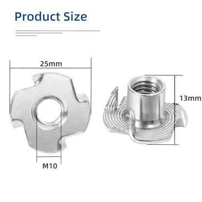 M10 T-Nuts, 304 Stainless Steel 4 Pronged Tee Nuts, Four-jaw Threaded Inserts for Rock Climbing Holds, Furniture, Cabinetry, Woodworking, Silver, 10 PCS - size: M10