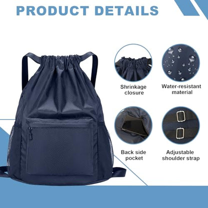 Tygelluis Drawstring Backpack, Waterproof Gym Bag with Water Bottle Pocket for Women Men, Pull String Sport Bag for Swim, Soccer and Basketball,Navy - color: Navy1