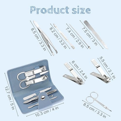 7-in-1 Manicure Kit – 10Piece Travel Nail Kit with Stainless Steel Tools, Ultra-Compact 5x6 cm Pouch for Perfect Nails Anywhere, Ideal Gift for Women, Men, and Travelers (Blue)