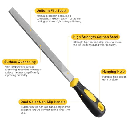 8in Flat Hand Metal File, Total 12in Length, Ergonomic Rubberized Handle, Uniform Teeth, Strength High Carbon Steel, perfect for Long Time Use for Trimming, Sharping Metal, Stone, Wood, etc.