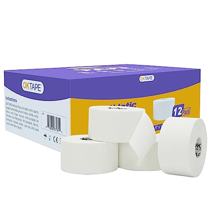 OK TAPE Athletic Sports Tape Bulk（12-Rolls) -180yds Very Strong Tape for Athlete & Sport Trainers & First Aid Injury Wrap, Perfect for Fingers Ankles Wrist on Bat, Hockey Stick - White - size: 1.5" x 15yards - 12 Rolls