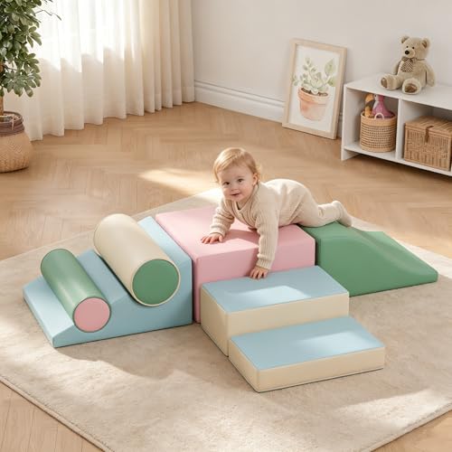 Soft Climbing Toys for Toddlers, 7-Piece Foam Climbing Blocks with PU Leather Cover, Modular Climb and Crawl Activity Play Set for Indoor Playroom (Pink)