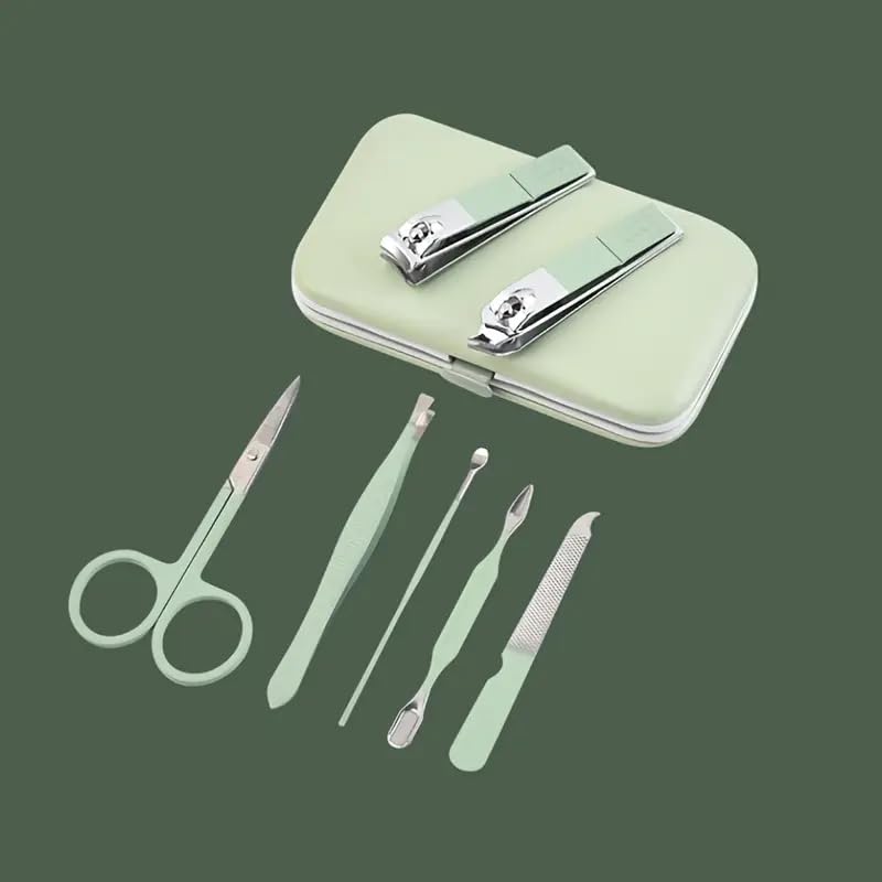 Handheld Sized Nail Clippers Set Tools, Manicure Set Professional Stainless Steel Travel Case 7 in 1 for Men Women(Green)