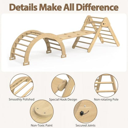 Large Pikler Triangle Set, 7-in-1 Toddler Climbing Toys Indoor, Wooden Montessori Climbing Set with Arch Ramp Ladder, Foldable Baby Jungle Gym Playground (Wood) - color: Wood