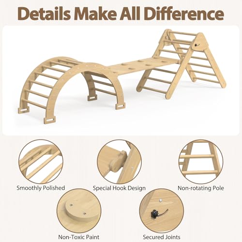 Large Pikler Triangle Set, 7-in-1 Toddler Climbing Toys Indoor, Wooden Montessori Climbing Set with Arch Ramp Ladder, Foldable Baby Jungle Gym Playground (Wood) - color: Wood