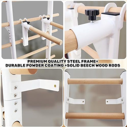 Stall Bars, Swedish Ladder for Adult and Kids, Wall Bar with Solid Beech Wood Rods, Durable Steel Frame, Adjustable Pull Up and Dip for Strength, Flexibility at Home Gym, Studio - color: White