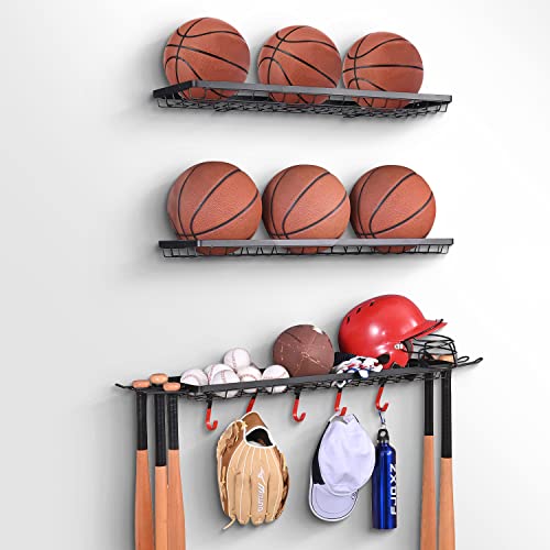 Mythinglogic 3-Piece Wall Mount Ball Storage and Sports Equipment Organizer | Customizable sports storage for balls, bats, helmets and accessories with hooks for garage, gym, school or playroom