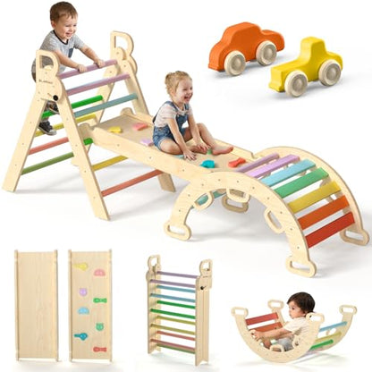 Pikler Triangle Set with Safe Handle, Climbing Toys for 1-3 Year | Foldable 7-in-1 Montessori Toddler Climbing Toys Indoor, Wooden Pickler Climbing Set, Baby Jungle Gym & Playground, Rainbow - color: Rainbow