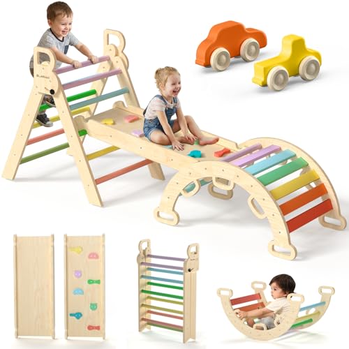 Pikler Triangle Set with Safe Handle, Climbing Toys for 1-3 Year | Foldable 7-in-1 Montessori Toddler Climbing Toys Indoor, Wooden Pickler Climbing Set, Baby Jungle Gym & Playground, Rainbow - color: Rainbow