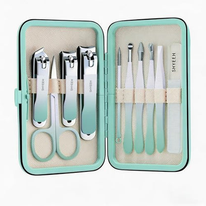 Manicure Set, 10 pcs High-Carbon Steel Nail Clippers Set, Portable Mini Manicure and Pedicure Kit, Travel Grooming Nail Kit with Leather Bag for Men and Women - color: AquaBlue