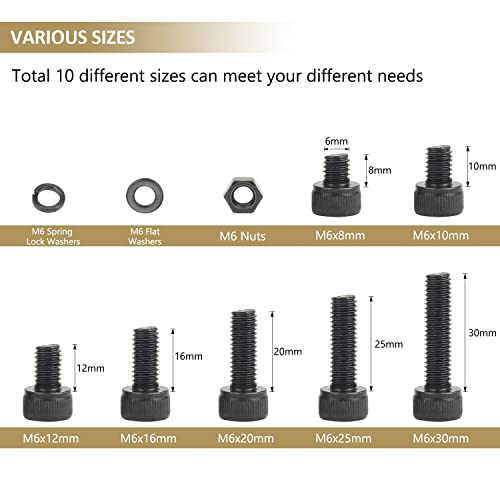 126 Pieces Black M6 x 8/10 /12/16 /20/25 /30mm Hex Socket Head Cap Screws Nuts Washers Assortment Kit, 12.9 Grade Alloy Steel - size: M6, style: Socket Head