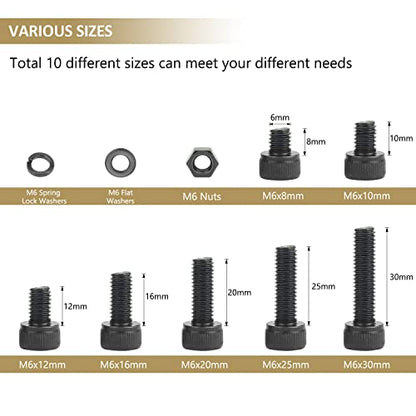 126 Pieces Black M6 x 8/10 /12/16 /20/25 /30mm Hex Socket Head Cap Screws Nuts Washers Assortment Kit, 12.9 Grade Alloy Steel - size: M6, style: Socket Head
