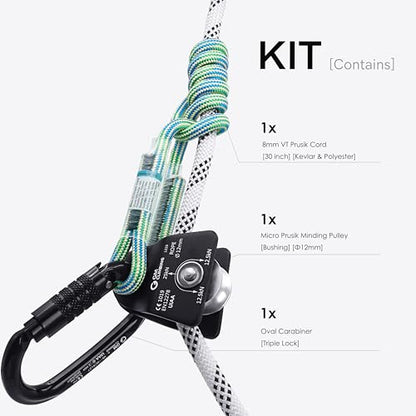 Micro Prusik Minding Pulley 25kN CE UIAA Certified 12mm Single Pulley Mobile Side Plates for Arborist Rigging Climbing Rescue - color: Pulley Kit | Black Pulley, Triple Lock