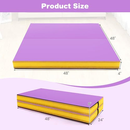 Goplus 4" Thick Folding Gymnastic Mat, Thickened Bi-Fold Fitness Mat with Carrying Handles & PU Leather Cover, Home Gym Tumbling Mat for Stretching, Pilates, Aerobics Workouts - color: Purple&Yellow