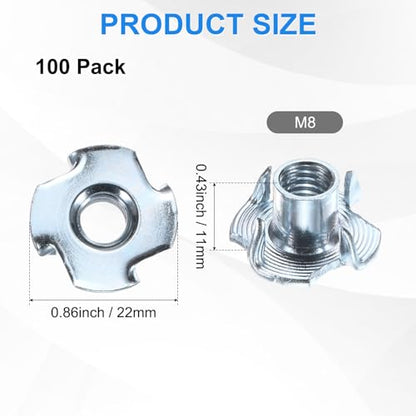 M METERXITY 100-Pack M8x11mm T-nut, 4-Pronged Tee Nut Threaded Insert | Carbon Steel, for Wood, Rock Climbing Holds, Furniture, Corrosion Resistant Fasteners - size: M8x11mm