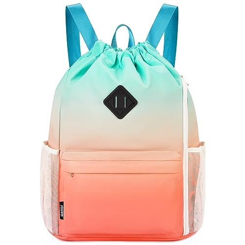 WANDF Drawstring Backpack with Shoe Compartment, Sports Gym Bag | Multi-Pocket Storage, Water-Resistant Fabric, Cinch String Bag - color: L, Red-green Gradient, size: Large