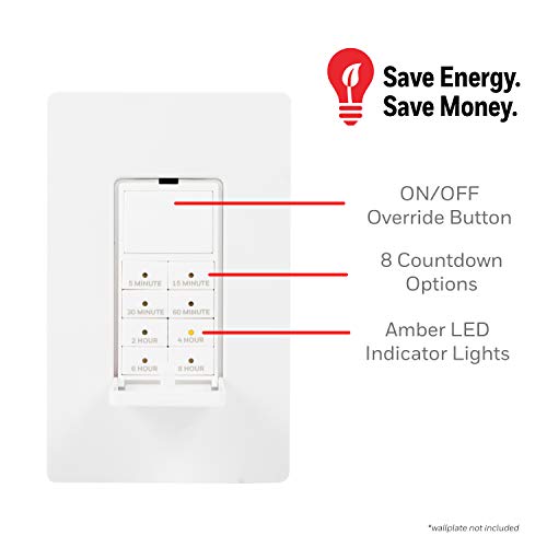 UltraPro Countdown in-Wall Digital Timer Switch, 8 Presets, On/Off Button | 8 Countdowns from 5min to 8hrs, Manual Override, Wall Plate Not Included, Ideal for Bathrooms, Neutral Required - style: Push Button Timer