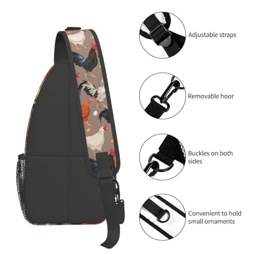 Funny Rooster Print Crossbody Sling Bags for Women Men Cute Chicken Cock Hen Domestic Animal Print Travel Sling Backpack Casual Shoulder Bag Rustic Country Farmer Life Theme Hiking Daypack - color: White Orange Black