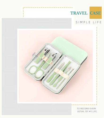 Manicure Set Nail Clipper Set, 7 Pcs Matcha Green Professional Manicure Pedicure Set, Nail Care Kit Beauty Tool, Purse Essentials Travel Nail Kit with Leather Case, Gift for Men and Women