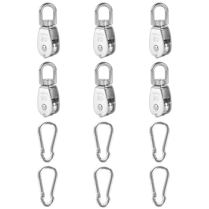6X 304 Stainless Steel M20 Single Swivel Rope Pulley Blocks with Snap Hooks | 360° anti-twist swivel pulley. For lifting, towing & hanging wire rope on crane/outdoor. Has spring snap hooks for fast fit - size: M20-6pcs
