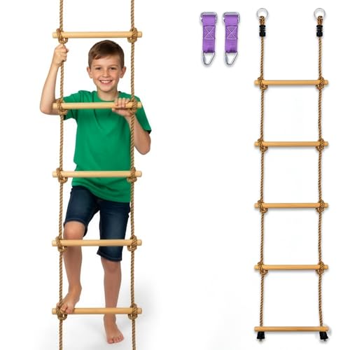 Wooden Rope Ladder for Kids - 6ft Tree Climbing Ladder with Carabiners | Real Wood Rungs, Heavy-Duty Rope, Holds 220 lbs, No-Tool Setup, for Treehouse, Swing Sets and Ninja Warrior Obstacle Course