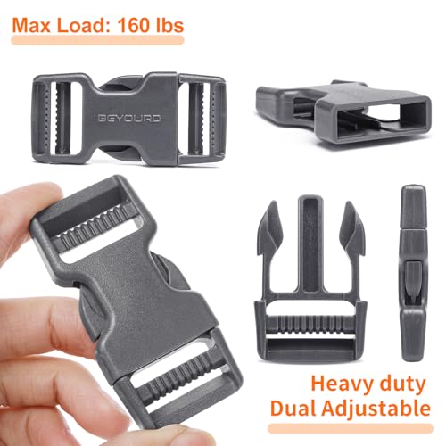 BEYOURD 1 inch Buckles and Strap Set: 10 Yards Polyester Webbing Strapping, 6 Pack Dual Adjustable Side Release Plastic Buckles, 12 PCS Tri-Glide Slider Clips for Backpack Repair, Gray - color: Medium Gray