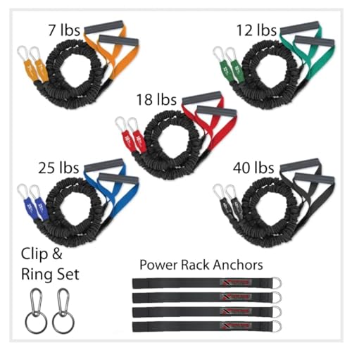 X-Over Cable Crossover Style Band Rack Home Gym for Athlete - Exercise Band Set with 5 Resistance Levels (7lb to 40lb) for Shoulder and Arm Workout