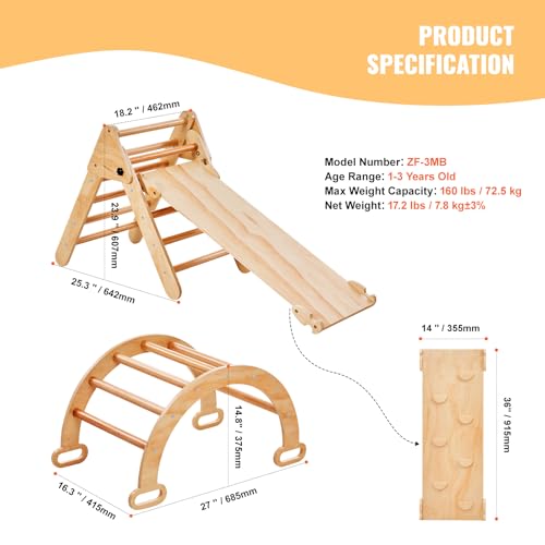 Happybuy 5-in-1 Toddler Climbing Set, Montessori Pikler Triangle, Ramp & Arch, Medium Wooden Playground for 1-3 Years, Indoor Climbing Gym, Wood Color
