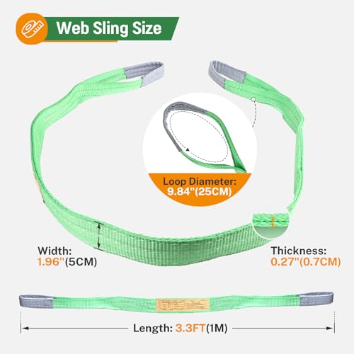 2 PCS Lifting Slings Straps Polyester Web Slings, Lift Sling Straps 3.3 FtX2 in, Polyester Lifting Sling Tow Strap Flat Eye & Eye 2PLY Straight 4409 LBS Basket 8818 LBS Choker 3527 LBS (Green) - color: Green