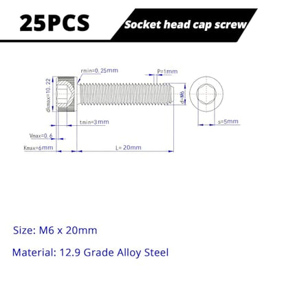 M6-1.0 x 20mm Socket Head Cap Screws Cap Bolts, 12.9 Grade Alloy Steel Black Oxide, Allen Socket Drive, Machine Full Thread, 25 PCS (8mm-80mm Available) - size: M6x20mm(25PCS)