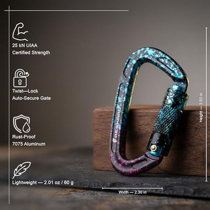 FresKaro UIAA Certified 25KN Auto Locking Climbing Carabiner Clips, Twist Lock, and Heavy Duty Carabiners for Rock Climbing, Rappelling, and Mountaineering, D Shaped - color: 3PCS-SPECKLED