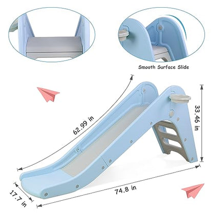 Toddler Indoor Slide, Foldable Baby Climber Playset with Basketball & Hoop | 63 in Extra Long Slope, Non-Slip Steps, Sturdy Plastic, Outdoor Playground for Backyard, Home & Playroom Use, Sky Blue - color: Sky Blue